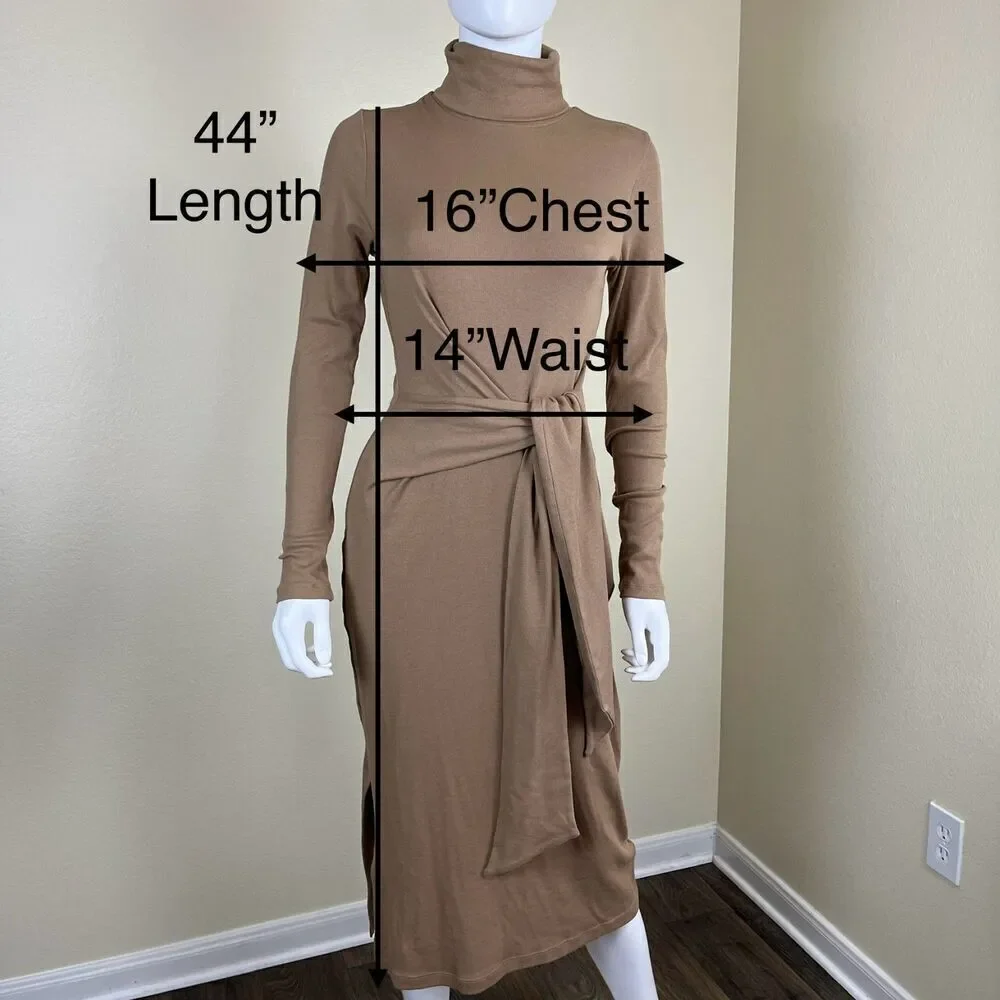 Ralph Lauren Womens Size M Camel Tie Front Turtleneck Sweater Bodycon Midi Dress